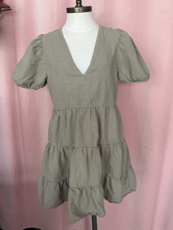 Zara Dresses & Skirts - Zara Linen Blend Puff Sleeve Dress Size M Sage Green Tiered Mini Dress